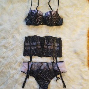 NWT Bra/Pantie Lace/Leather Lingerie Set 34B